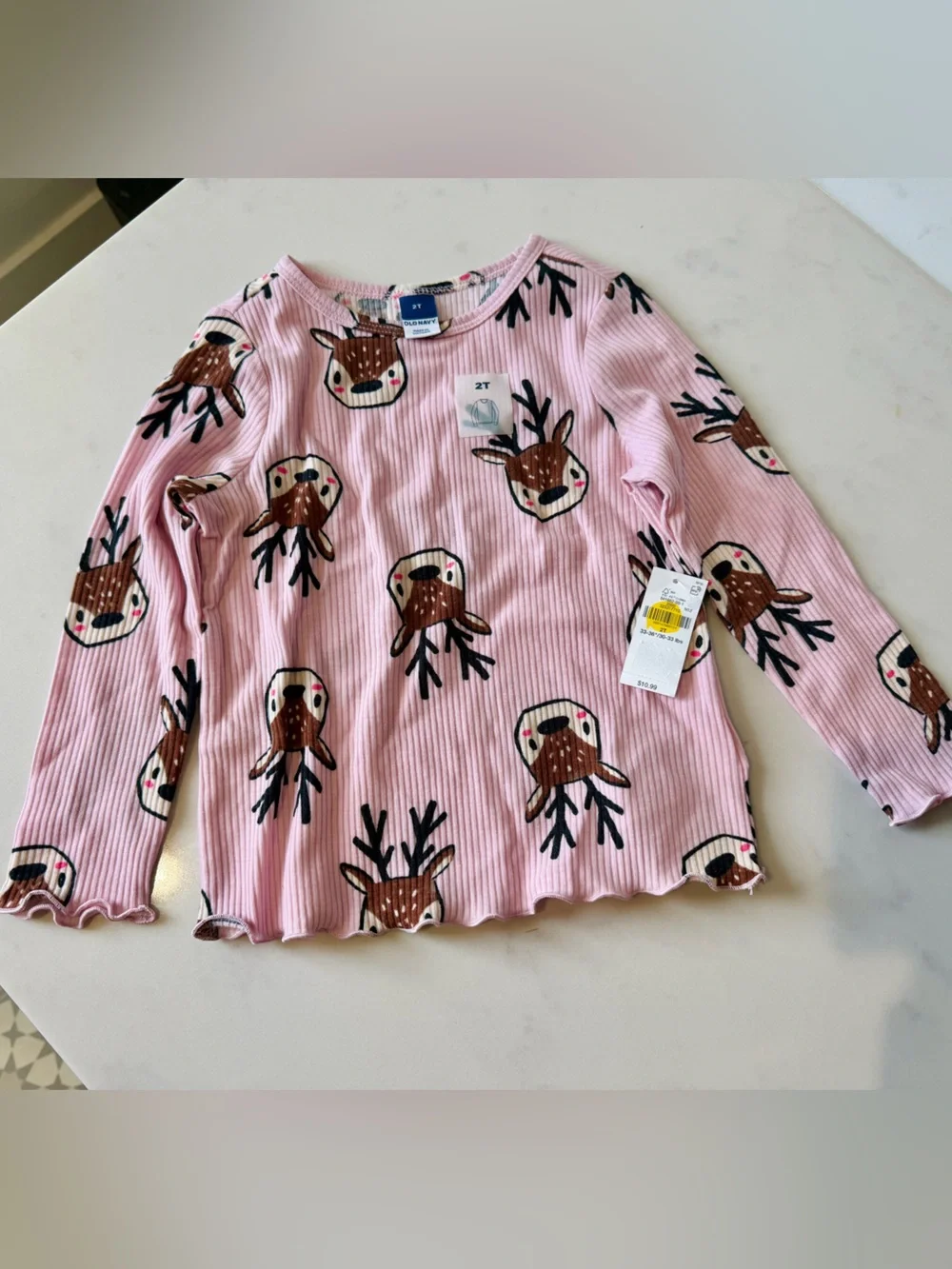 NWT, Old Navy Pink Reindeer Print Long-Sleeve Top - 2T, 2T